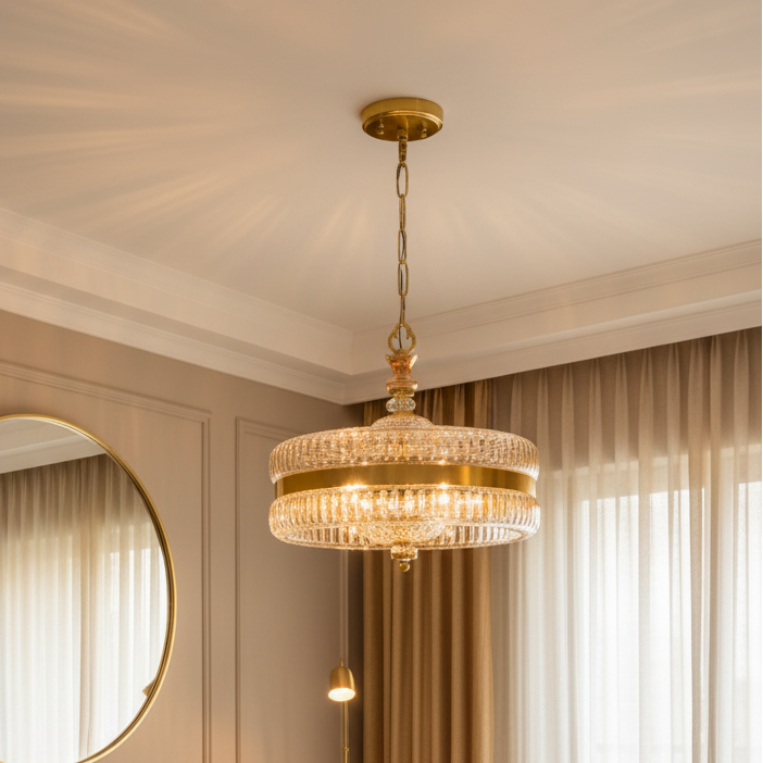16-Inch Gold Round Hand-Cut Glass Hanging
  Light | Transitional 4-Light Brass Pendant with Golden Luster Finish