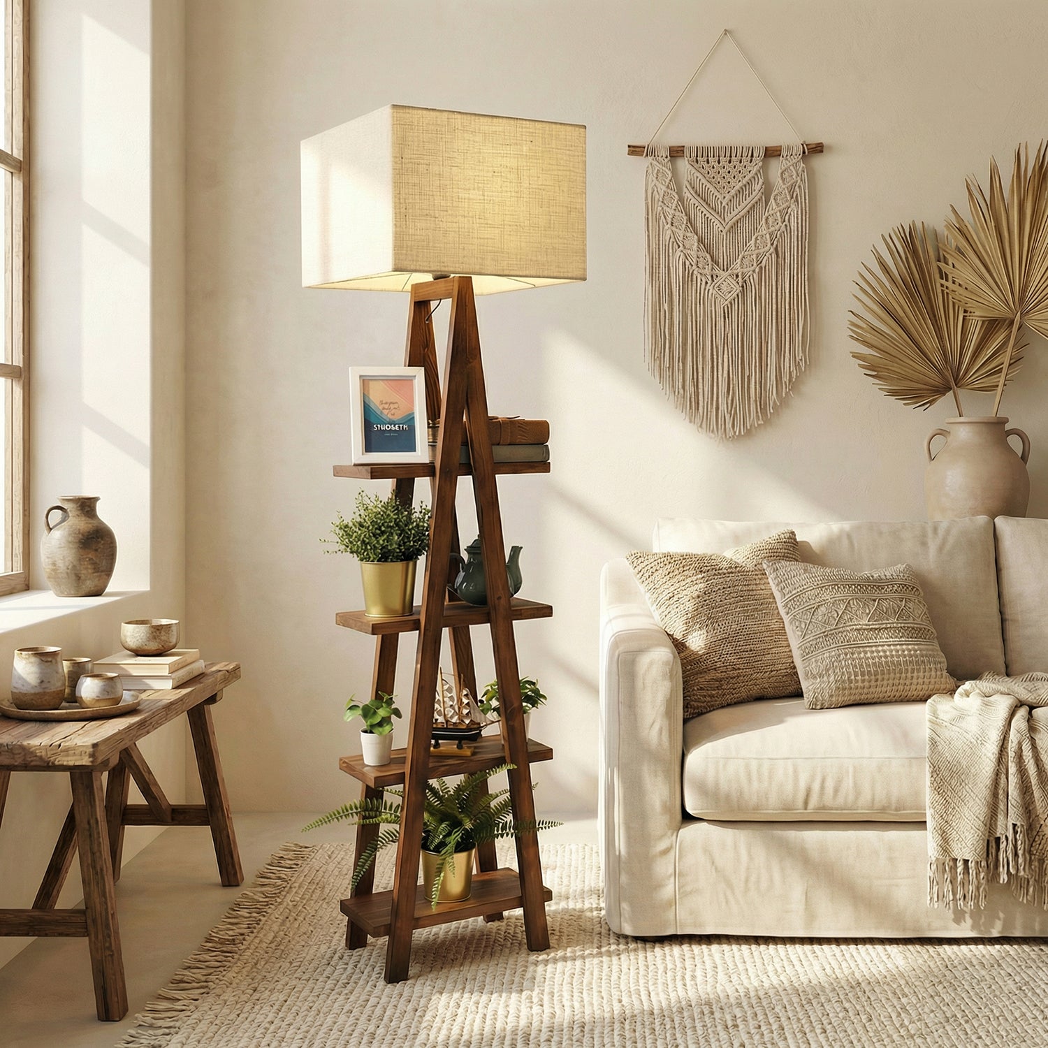 Louise Wooden Floor Lamp with Brown Base and Jute Fabric Lampshade