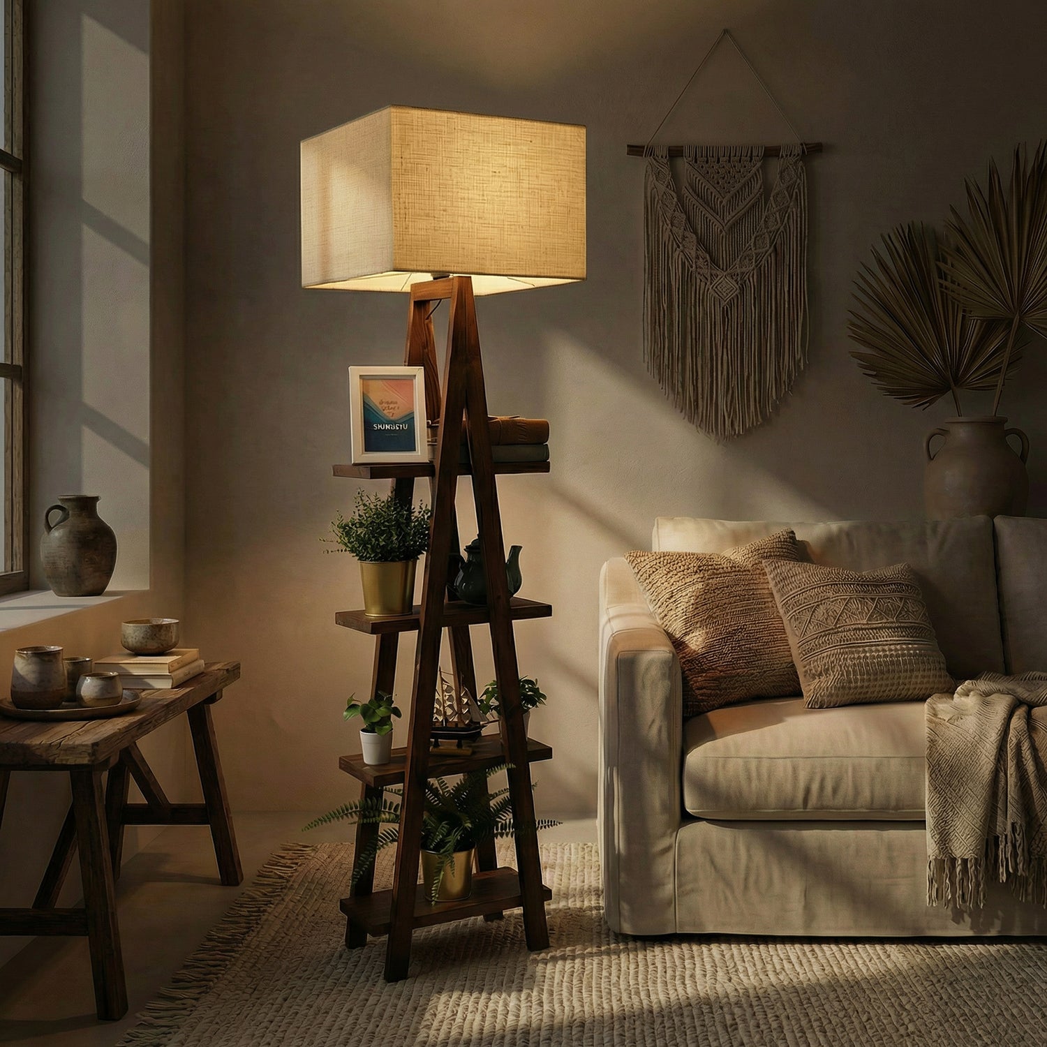 Louise Wooden Floor Lamp with Brown Base and Jute Fabric Lampshade