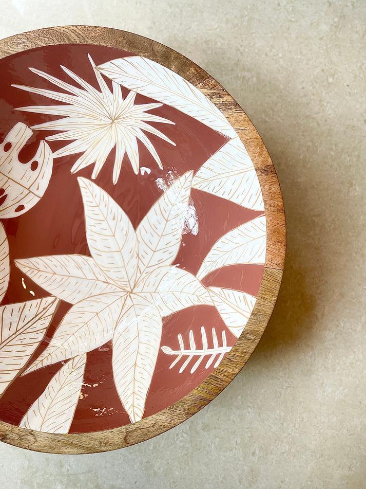 Enamel Coated Handcrafted Wooden Bowl For Living Room
