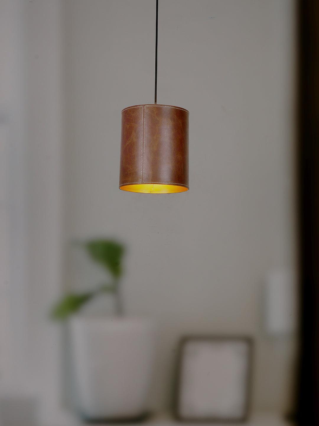 Contemporary Leather Brown Cylindrical Pendant Hanging Light Lamp