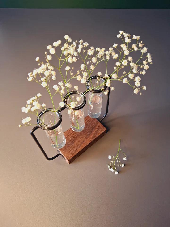 Wooden Plant Pot, 3 Glass Tubes Plant
