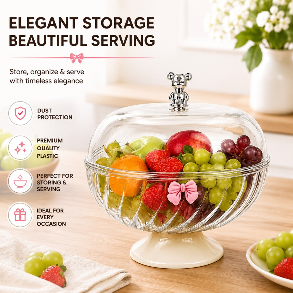 Fruit Storage Bowl with Lid & Drain Tray- 10 Inch | Multi-Functional Fruit Basket with Built-in Drainer | Dustproof Cover | Serving Tray for Fruits, Vegetables & Snacks | Kitchen & Dining Use