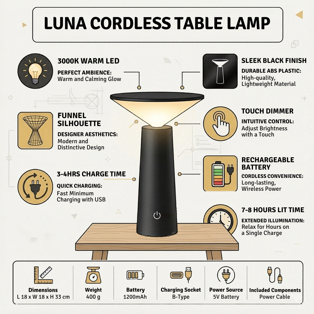 Luna Cordless Table Lamp | Rechargeable Portable LED Lamp for Modern Interiors