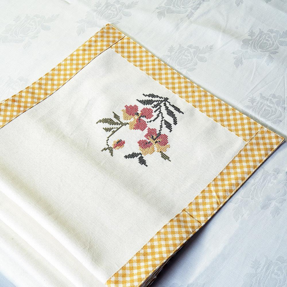 Sunshine Bloom Dining Table Runner | Cross-Stitch Embroidered Cotton Runner with Printed Border