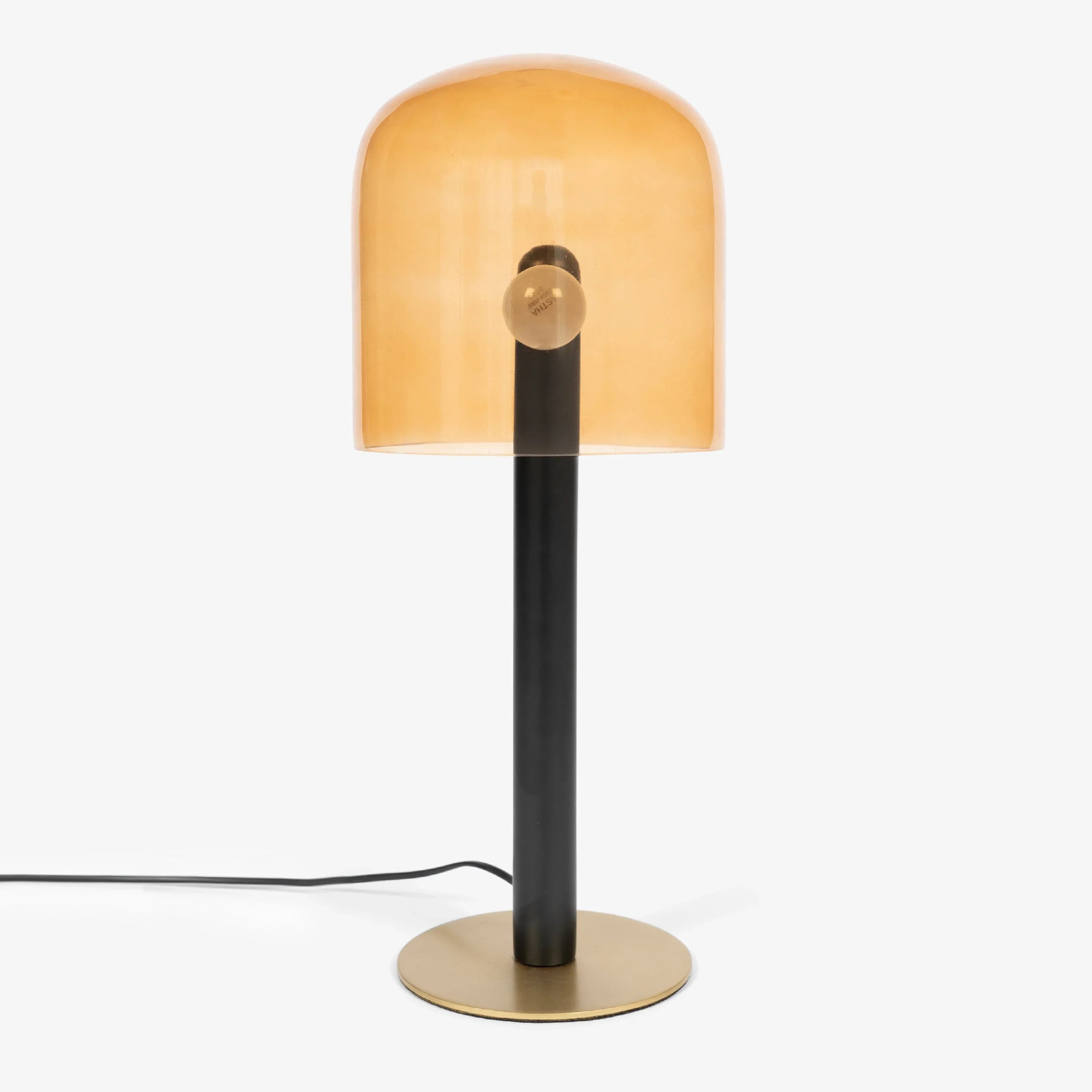 Syra Designer Table Lamp for Living Room | Modern Black & Brass LED Lamp with Amber Glass Dome
