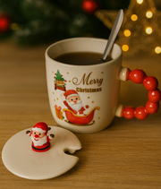 Christmas Ceramic Mug with Lid & Spoon | 350 ML Santa Mug with Red Handle | Merry Christmas Gift Cup for Coffee
