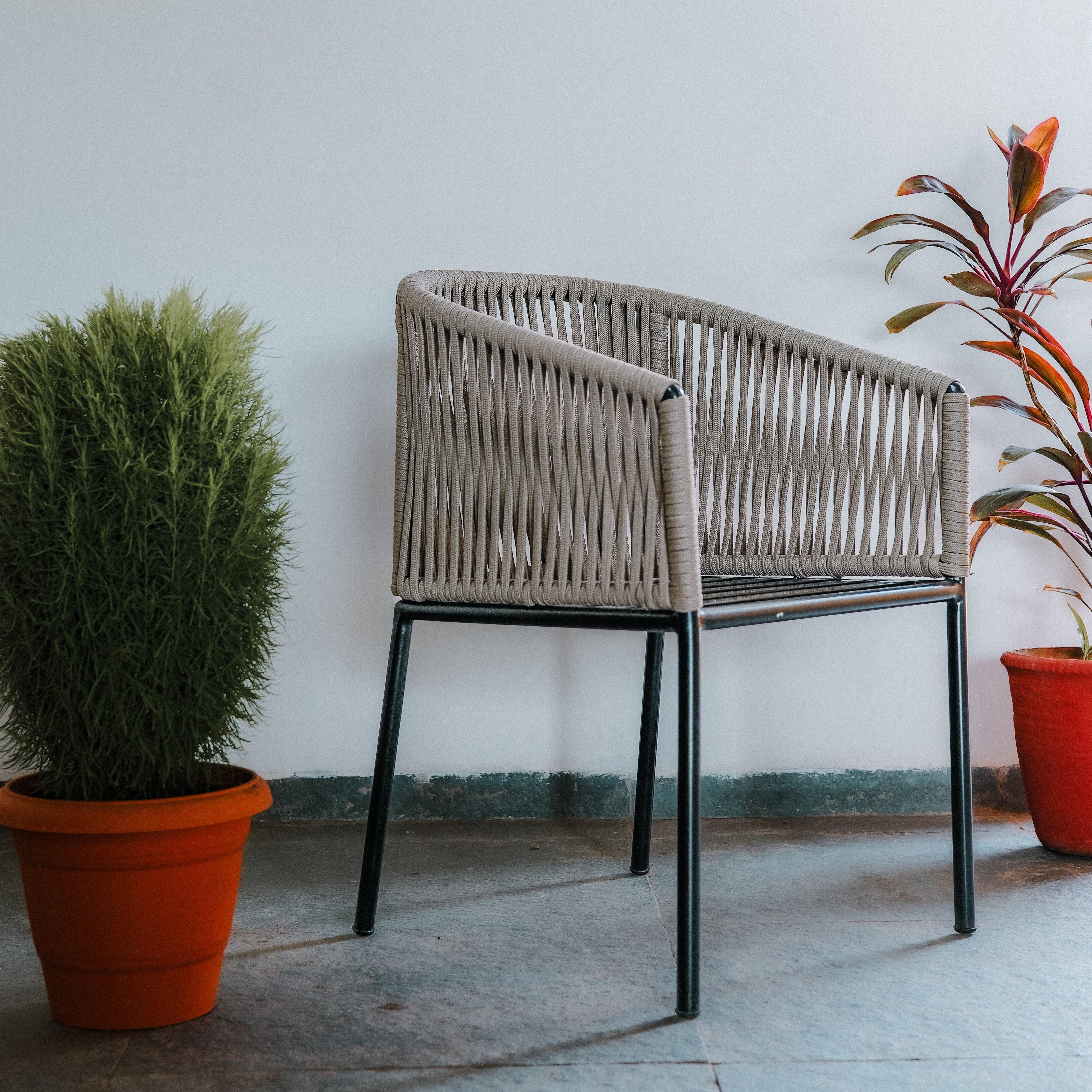 Breeze Bliss Dining Chair | Designer Chair with Aluminum Frame, Rope Detailing & Cushion