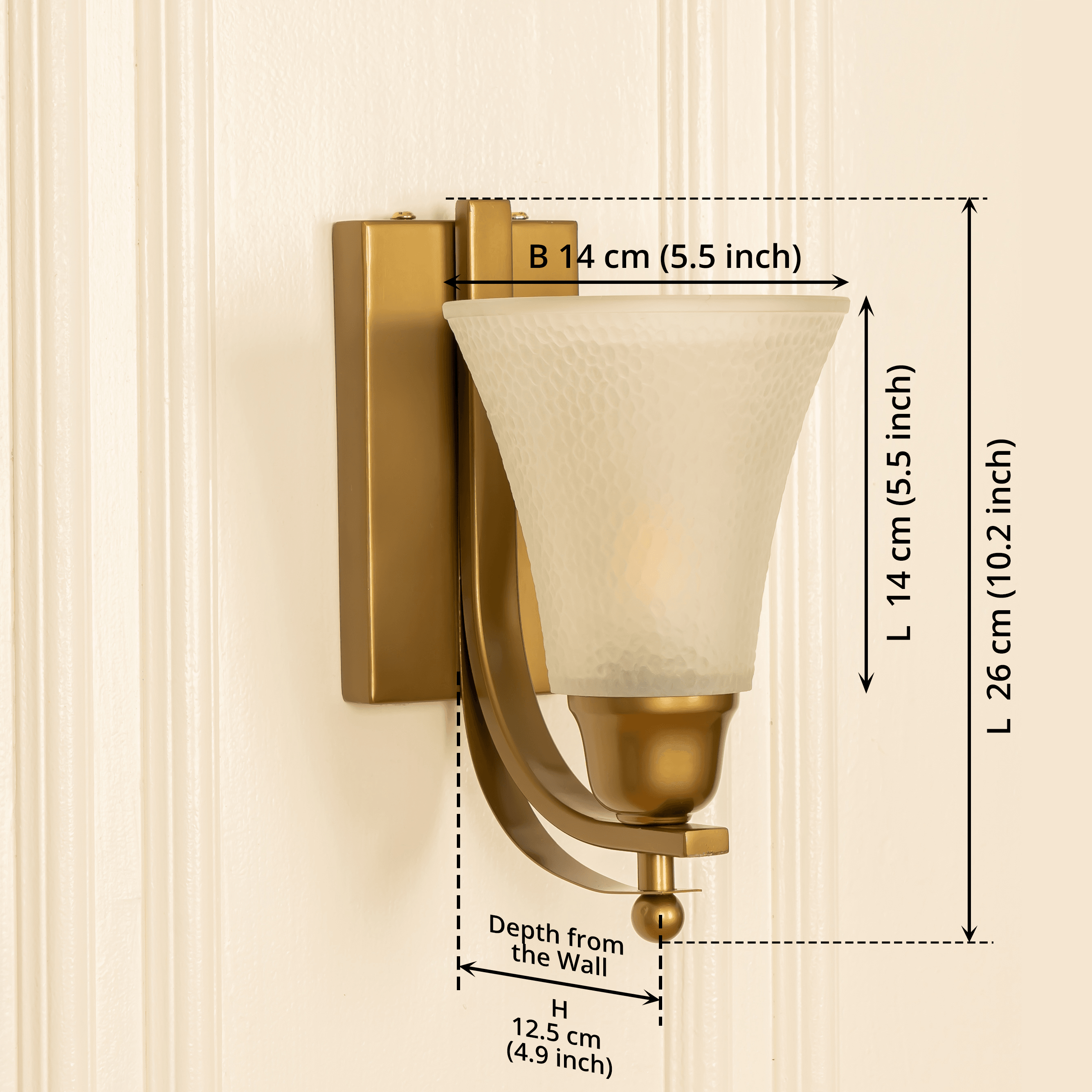 Brass Antique Finish J Wall Lamp with Frosted Hammered Glass Shade | Wall Light for Living Room