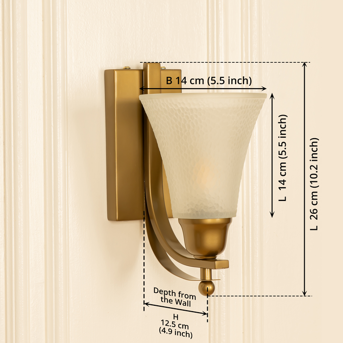 Brass Antique Finish J Wall Lamp with Frosted Hammered Glass Shade