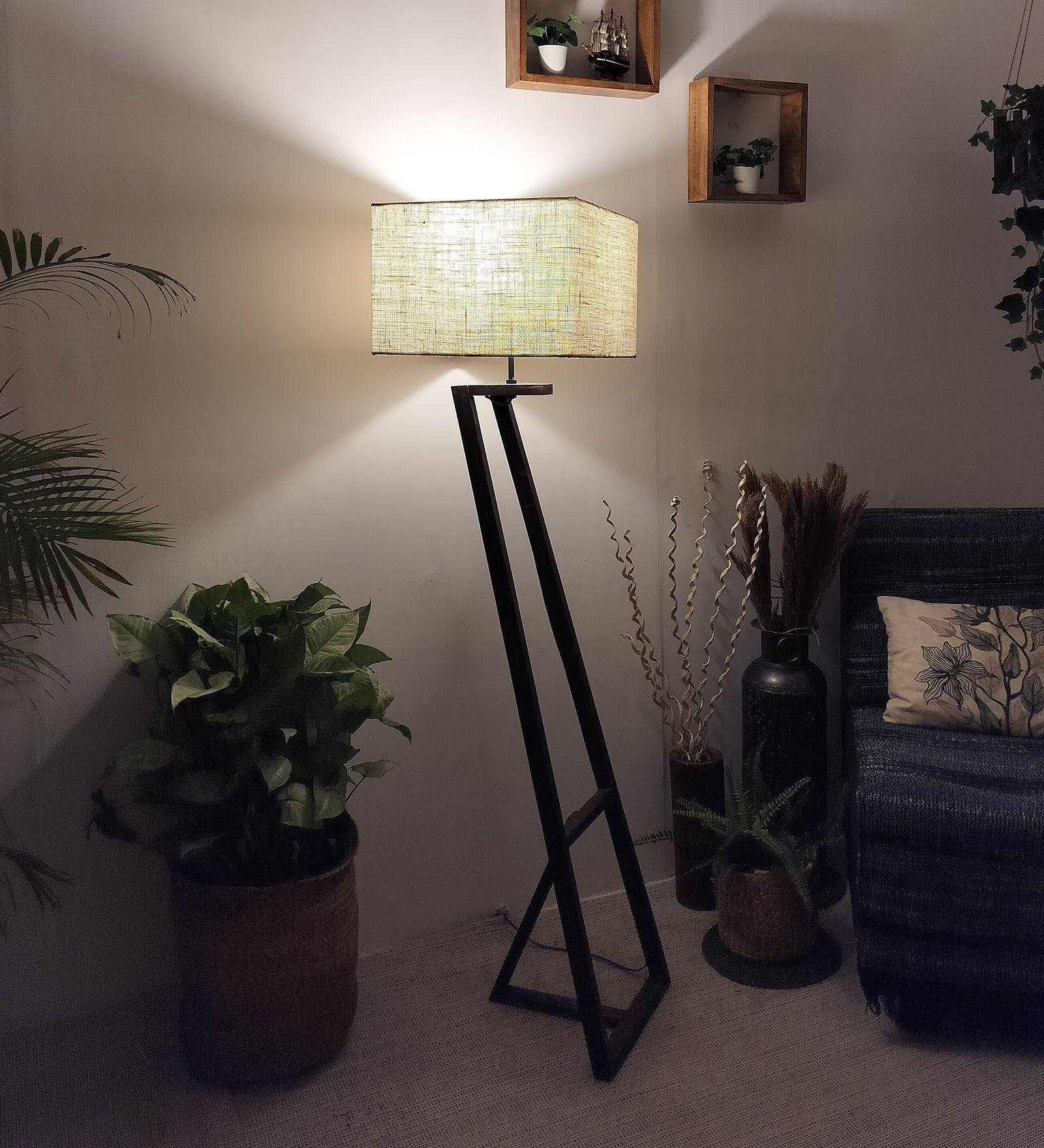 Angular Wooden Floor Lamp with Brown Base and Premium Beige Fabric Lampshade