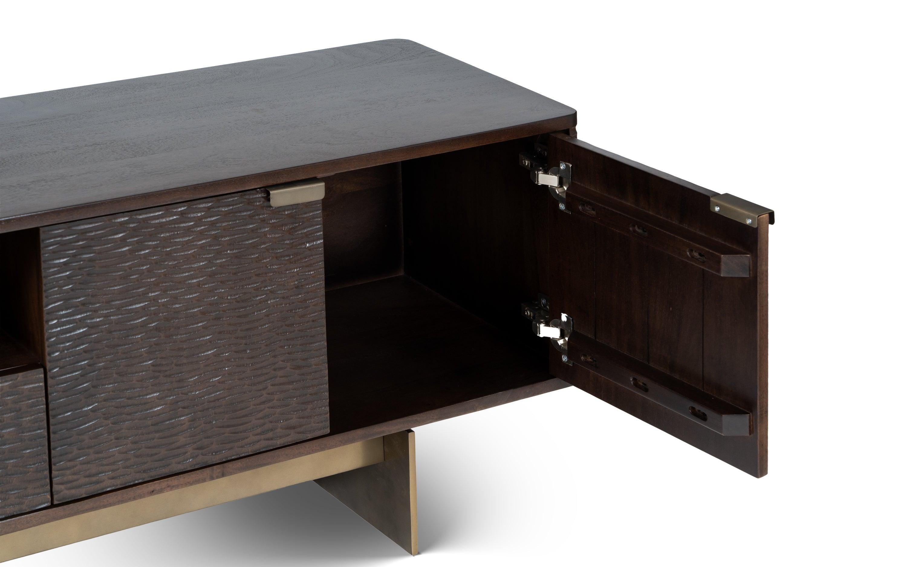 Sculpt TV Unit | Acacia Wood, Stainless Steel, and Brass
