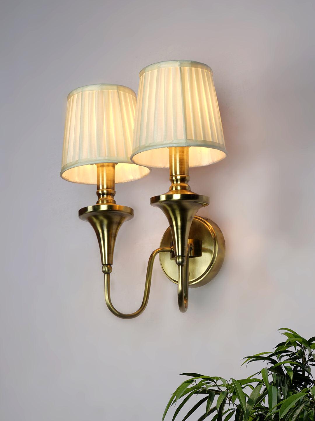 Gold Transitional 15 Inch Brass Finish Double Wall Lamp Light With White Pleated Fabric Shades