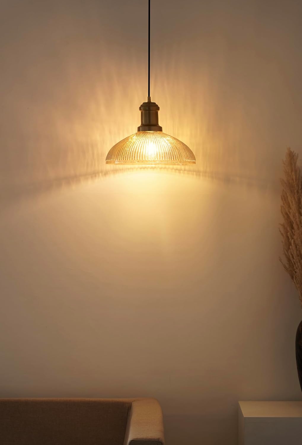 Ribbed Grey Luster Glass Pendant Light with Antique Brass Finish for Living Room, Bedroom, Kitchen and Dining