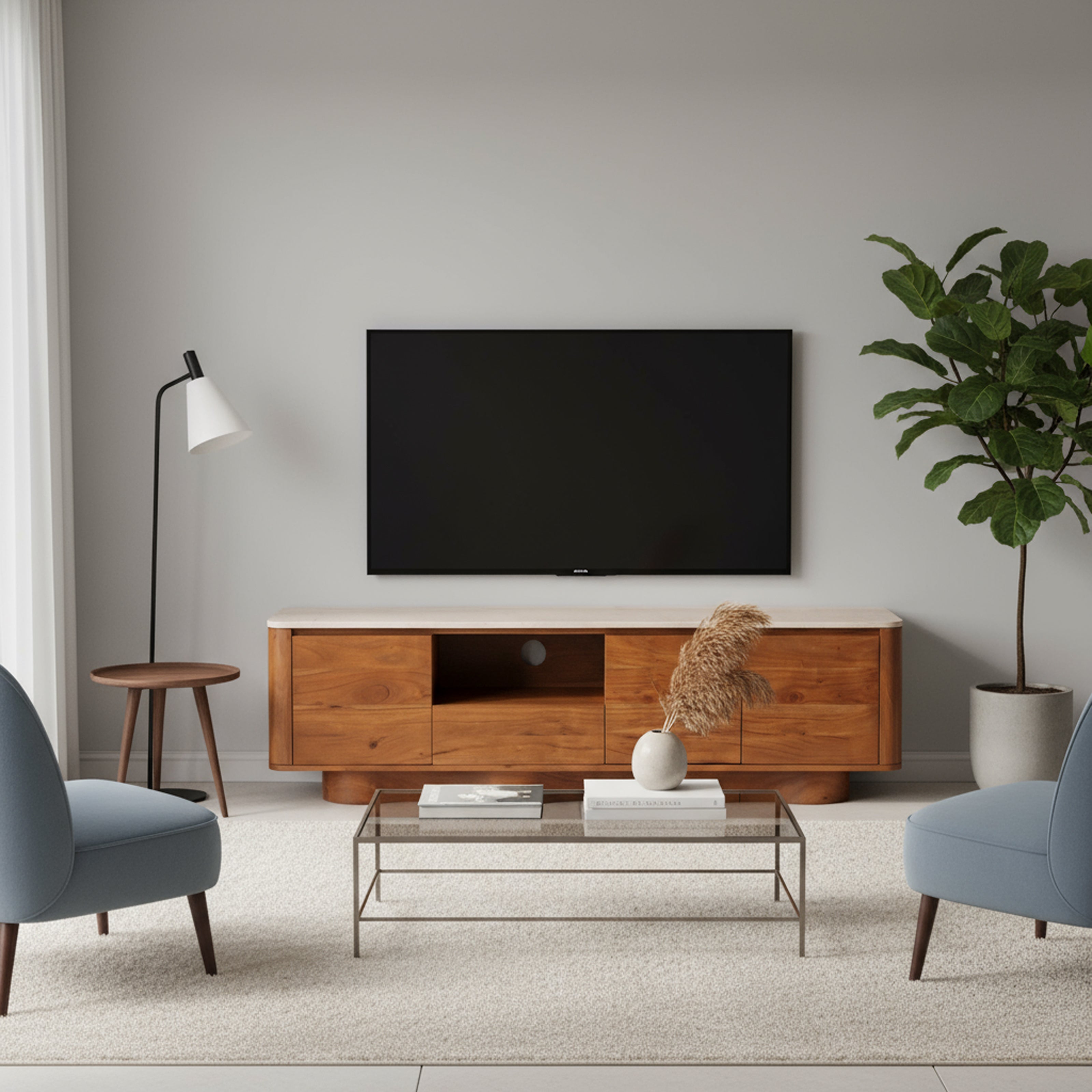 Nira Wooden TV Unit with Marble Top | Designer Acacia Wood Media Console TV Stand for Living Room