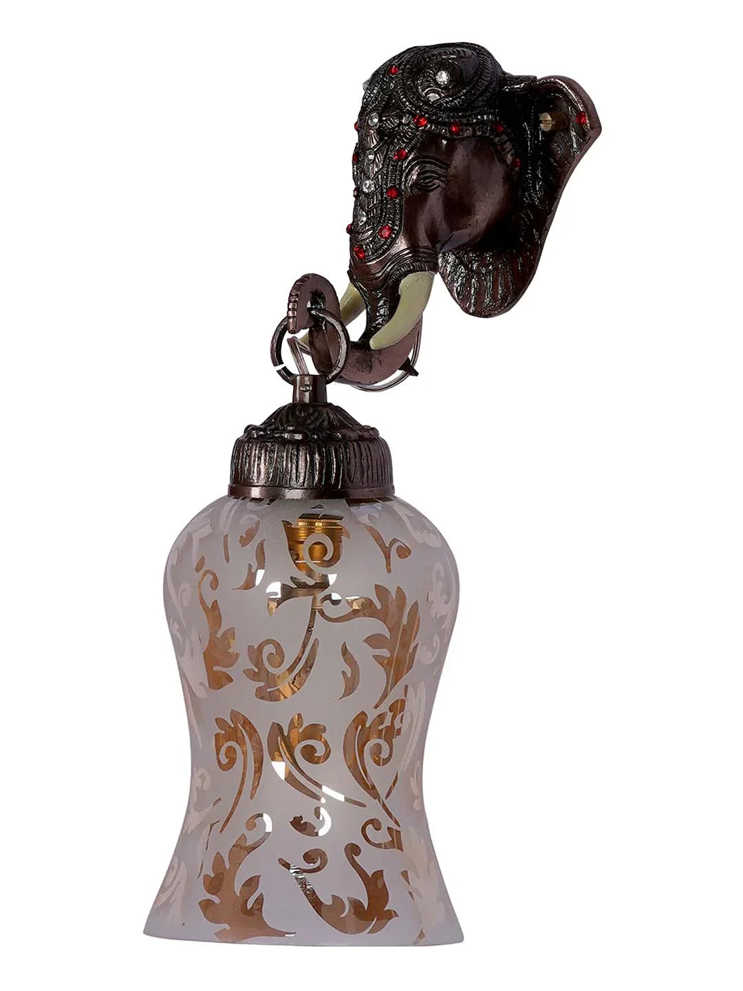 Rustic Cast Aluminium Bronze Elephant Wall Sconce with Amber Yellow Crackle Glass shade