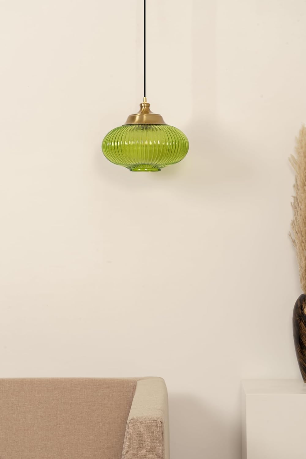 Ribbed Green Melon Glass Hanging Pendant Light Antique Brass Finish for Living Room, Bedroom, Home Decoration and Kitchen