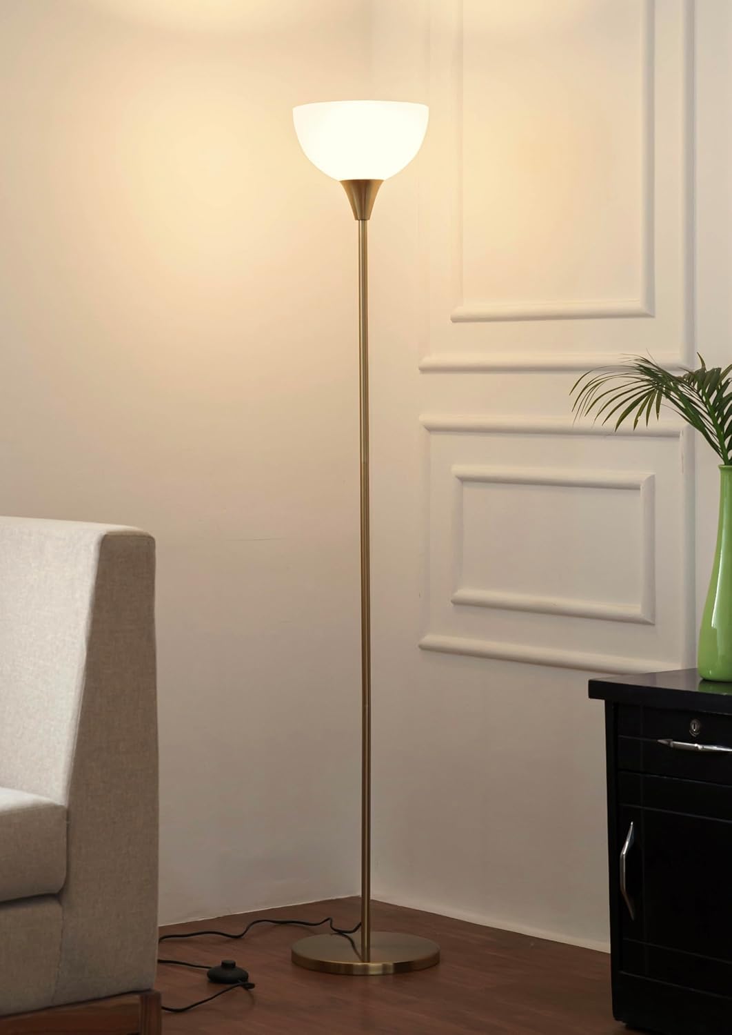 Uplighter Brass Antique Finish Floor Lamp for Living Room with Frosted Glass Lampshade