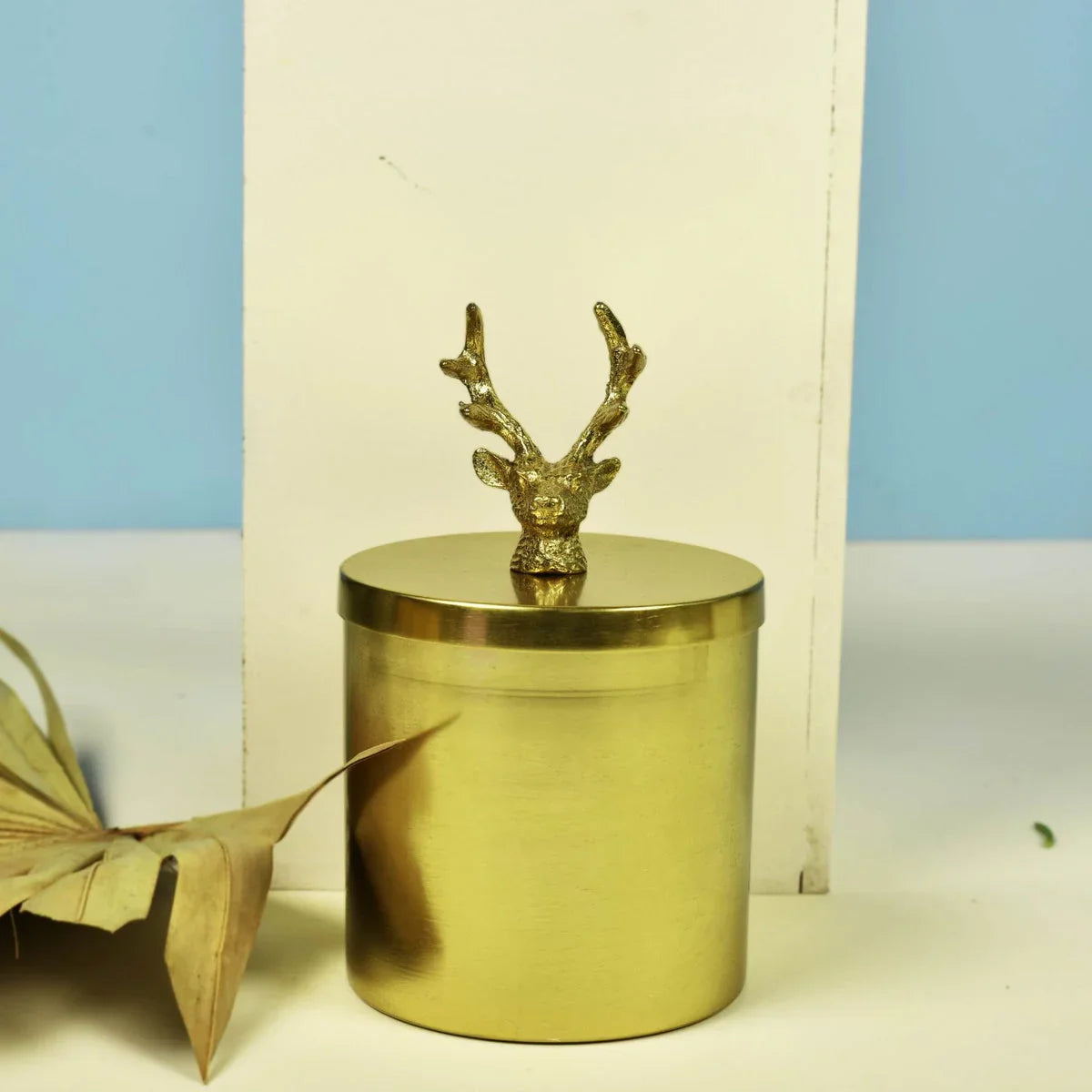 Metal Gold Jar With Reindeer Lid 6.7 inches tall