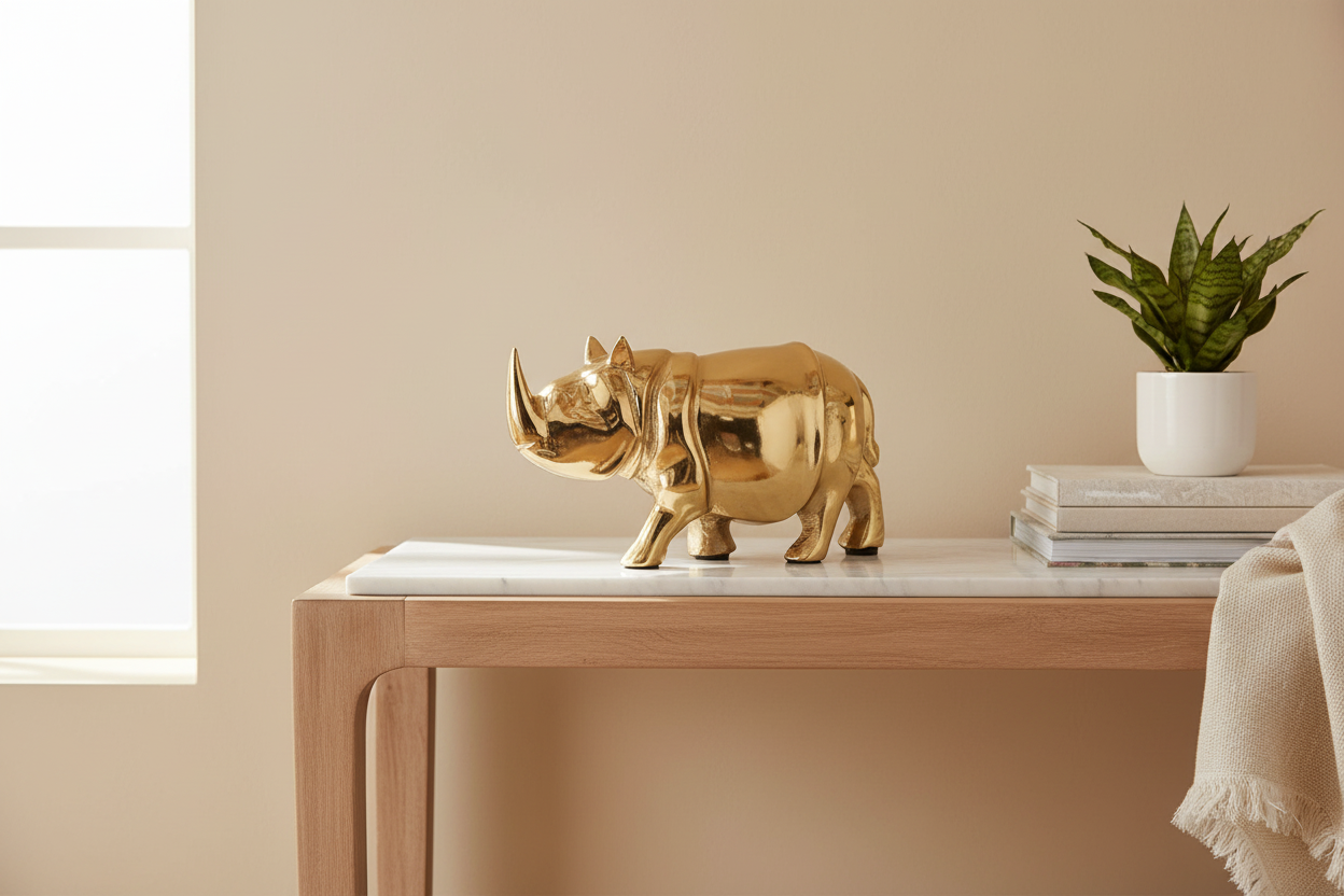 Gold Rhino Showpiece | Metal Animal Sculpture for Living Room & Office Décor