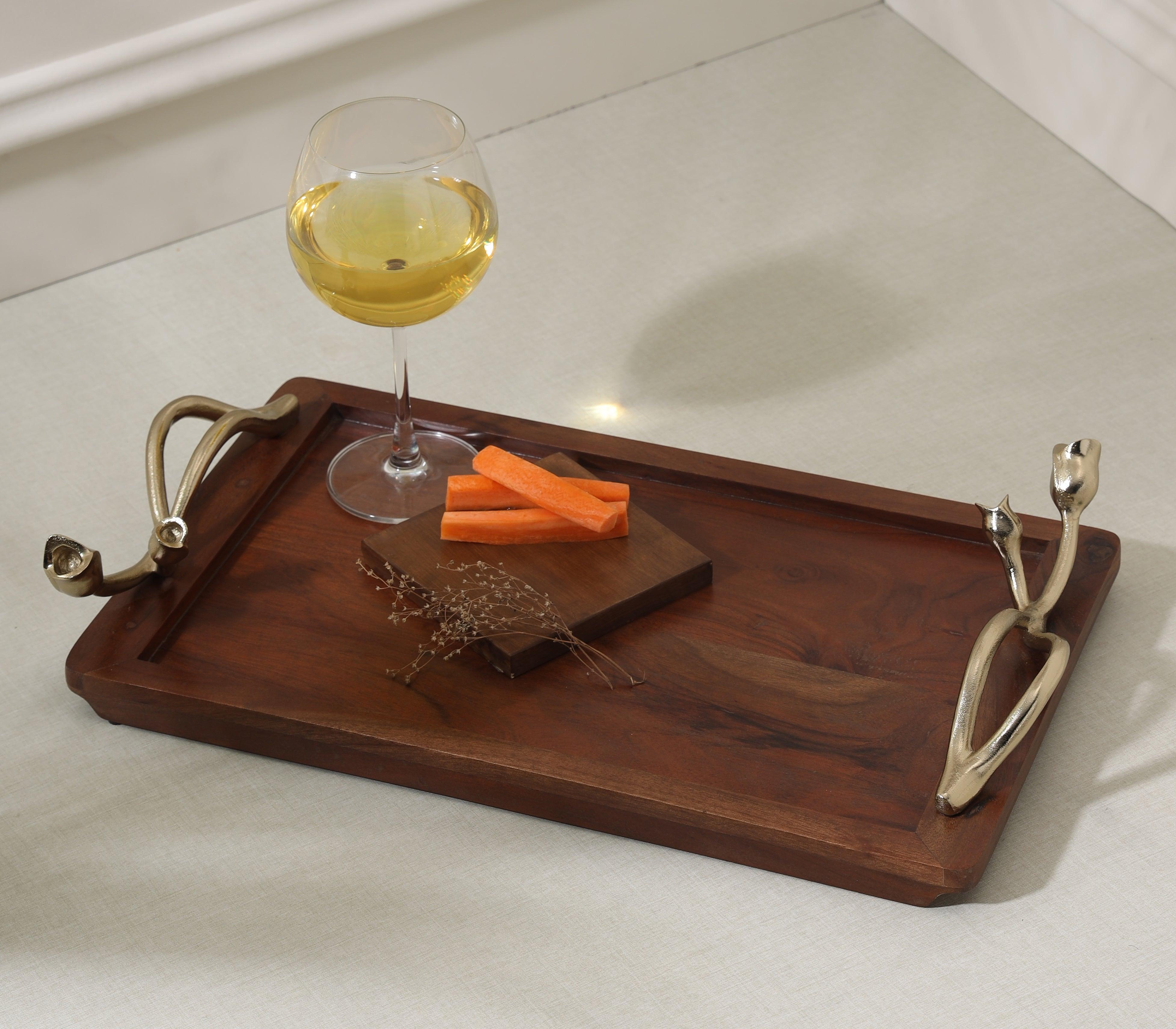 Tulip Tray | Gold Finished  with Walnut Finished Acacia Wood