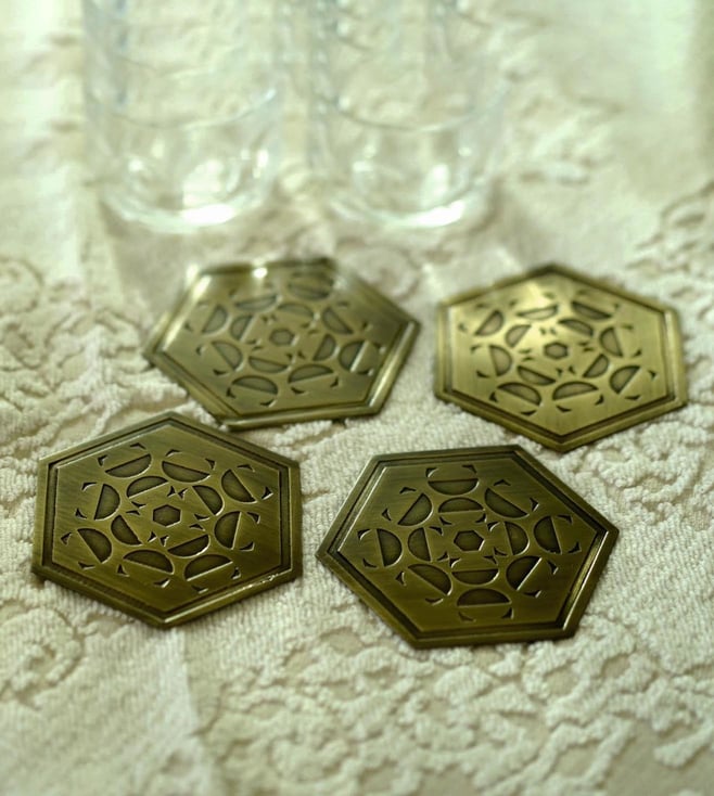 Calighat Antique Brass Coasters For Serving & Dining Table Decor