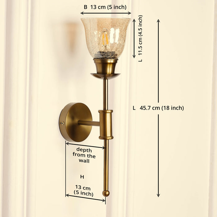 Brass Antique Finish Spacer Wall Lamp with Cup Crackled Glass Golden Luster Shade