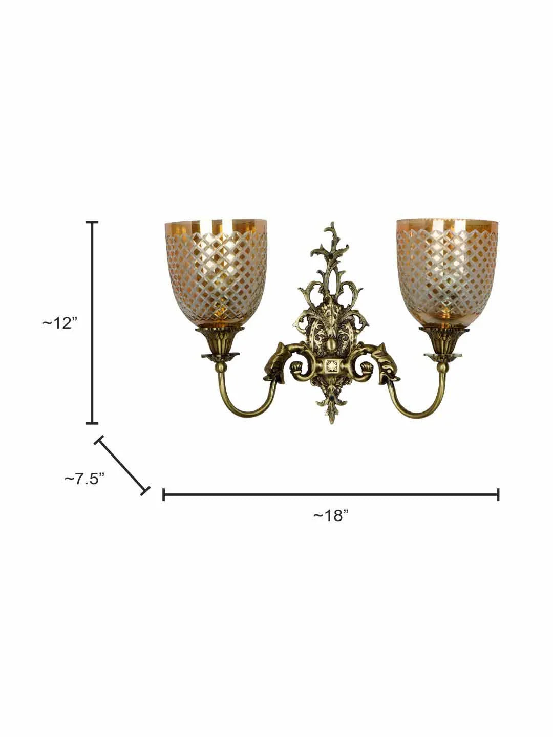 Mythical Majesty: Antique Brass Fish Double Sconce with Luster Glass