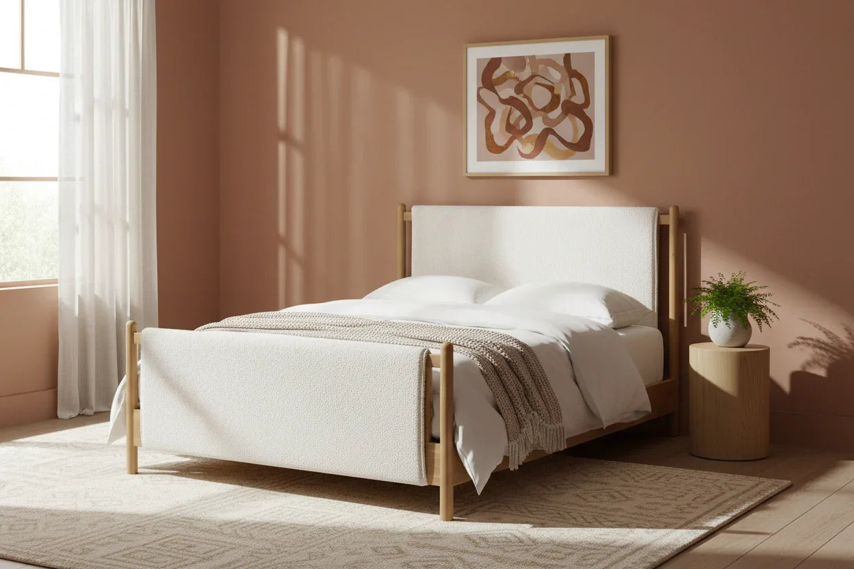 Alvessa Solid Teak Wood And Fabric Upholstery King Size Bed