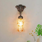 Rustic Cast Aluminium Bronze Elephant Wall Sconce with Amber Yellow Crackle Glass shade