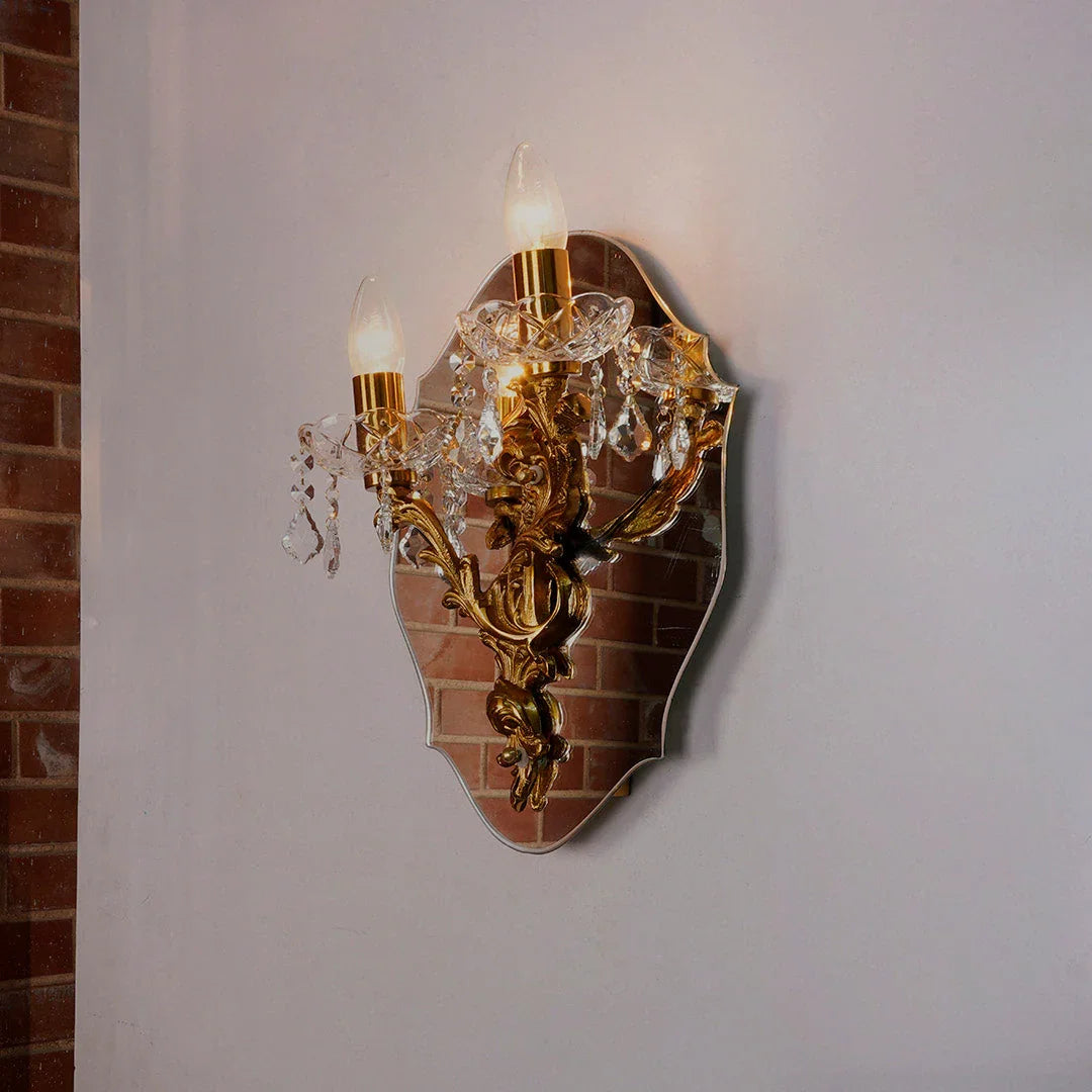 Vintage Opulence: Golden Wall Sconce with Crystal & Mirror - European Flair
