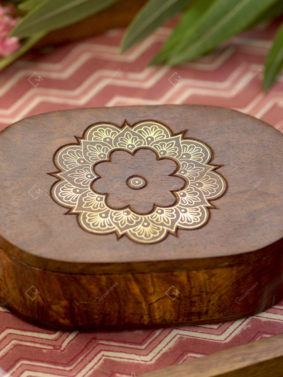 Wooden Mandala Oval Tea Caddy | Brass Finish Multipurpose Box For Kitchen & Dining Table