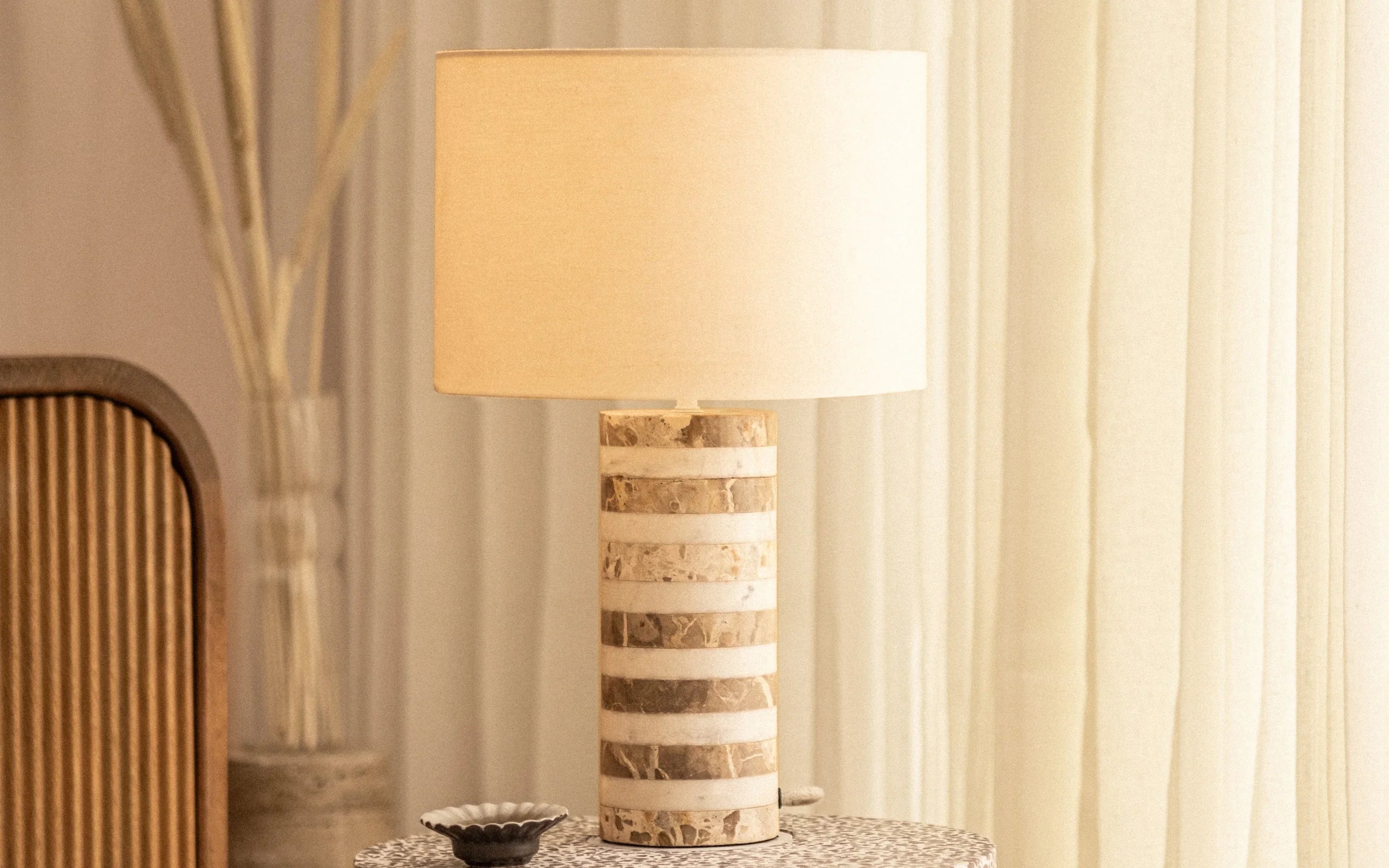 Marbella cyclinder Table Lamp | Marble, mild steel and cotton fabric shade