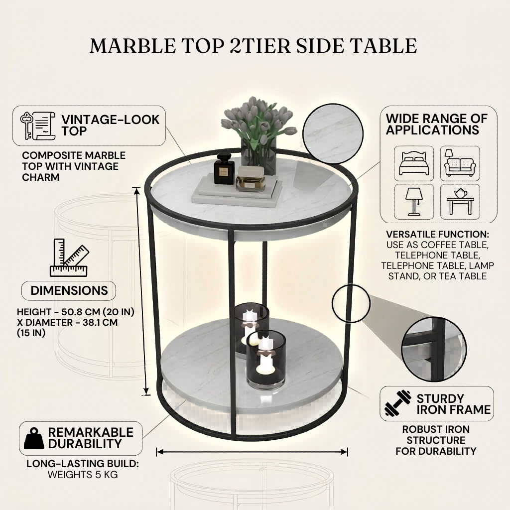 Marble Top 2 Tier Side Table With Storage Shelf | Living Room End Table Black Color