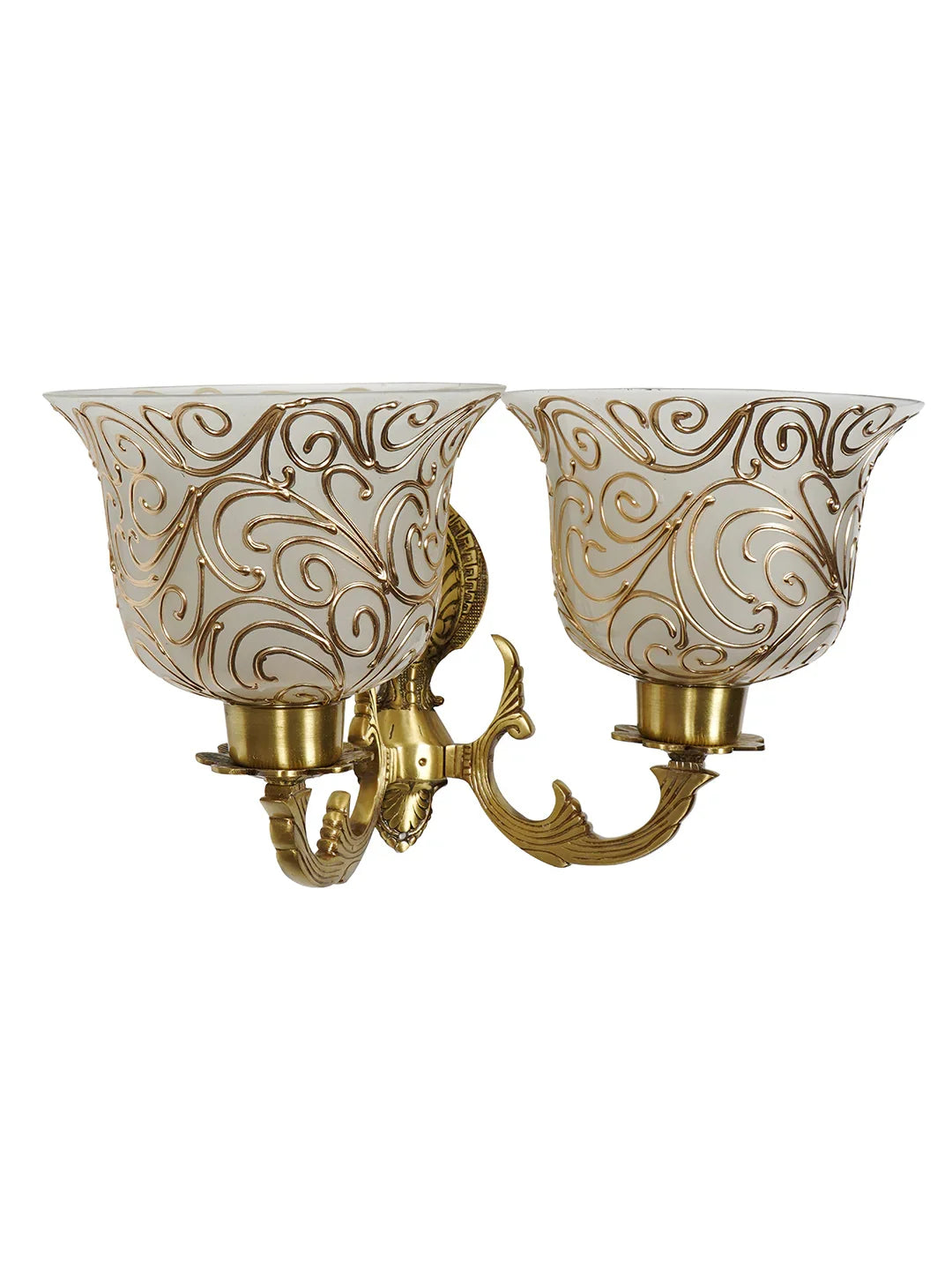 Traditional Twin Arm Antique Brass Wall Light with Frosted Glass Shades with Jaipuri designing on glass
