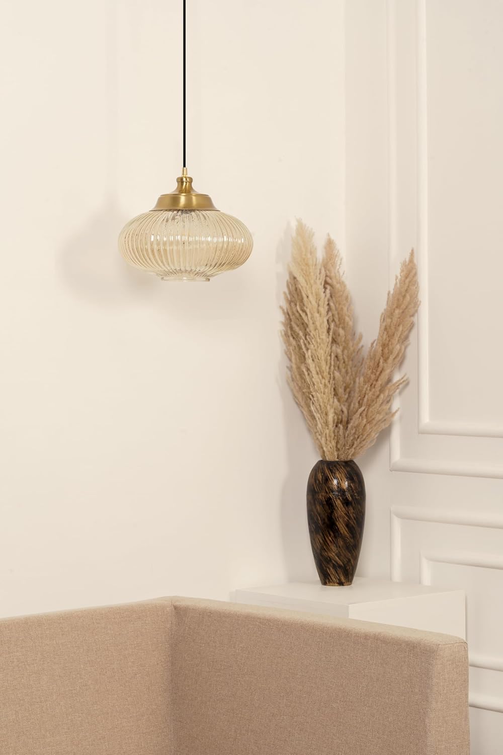 Ribbed Green Melon Glass Hanging Pendant Light Antique Brass Finish for Living Room, Bedroom, Home Decoration and Kitchen