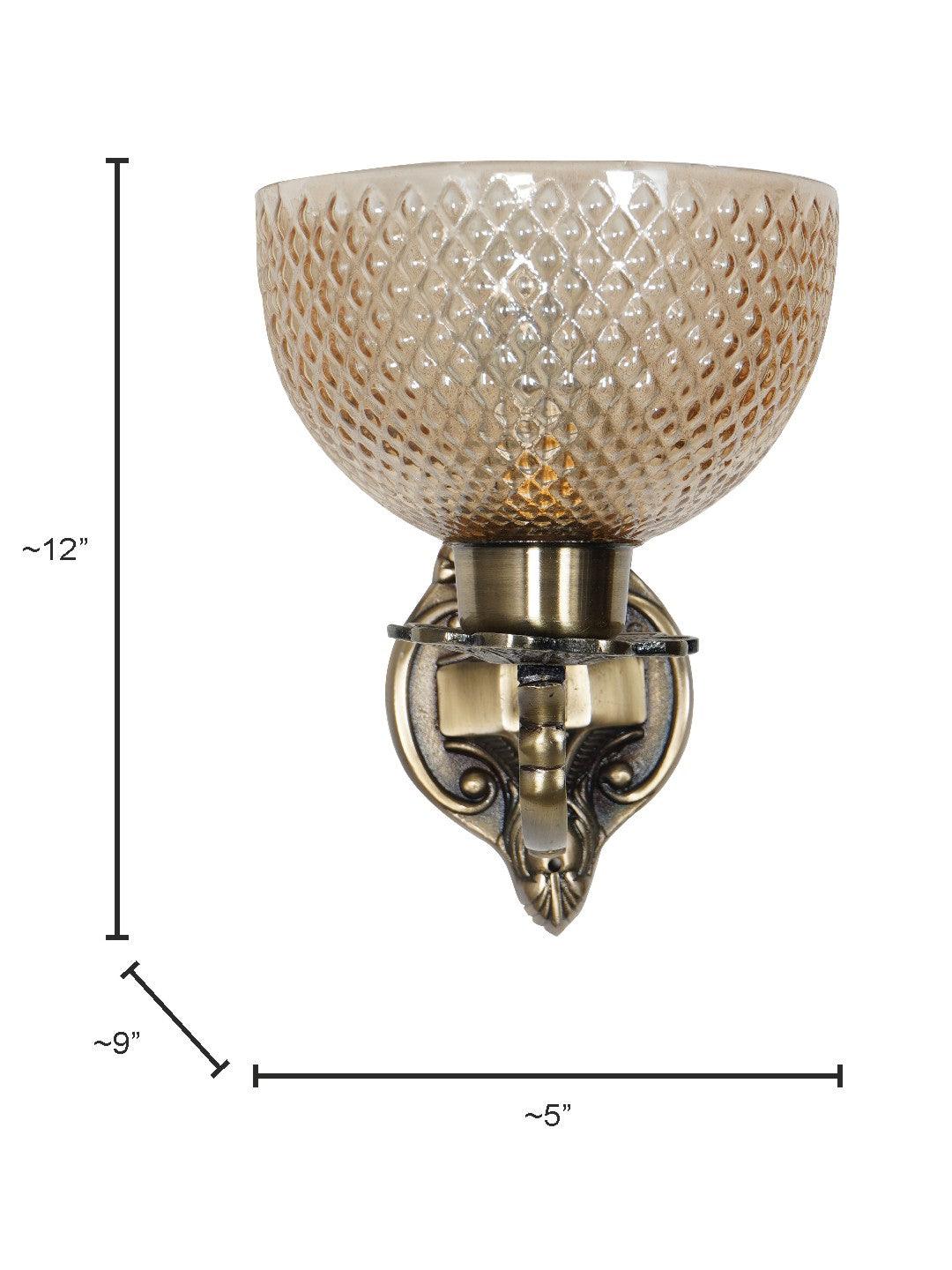 Traditional Meena Aluminium 1 Lamp Wall Light in Antique Brass Finish and Golden Cut Glass Textured Glass Shade for Dining Room, Bedroom, Living Room