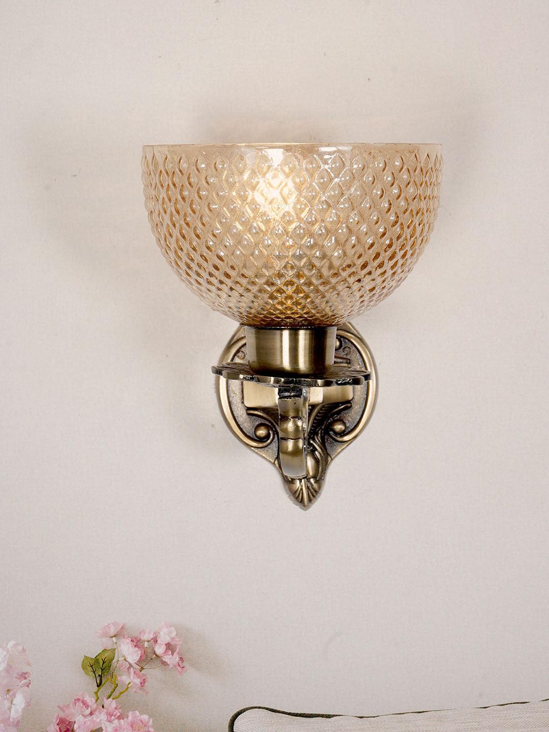 Traditional Meena Aluminium 1 Lamp Wall Light in Antique Brass Finish and Golden Cut Glass Textured Glass Shade for Dining Room, Bedroom, Living Room