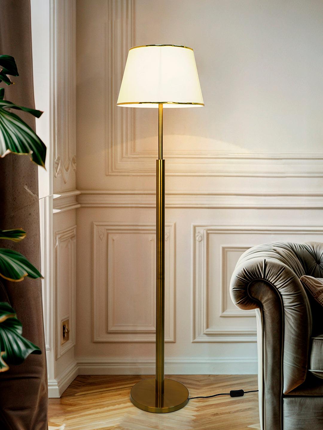 Antique Brass Floor Lamp with Fabric Shade | Elegant Living Room Standing Lamp