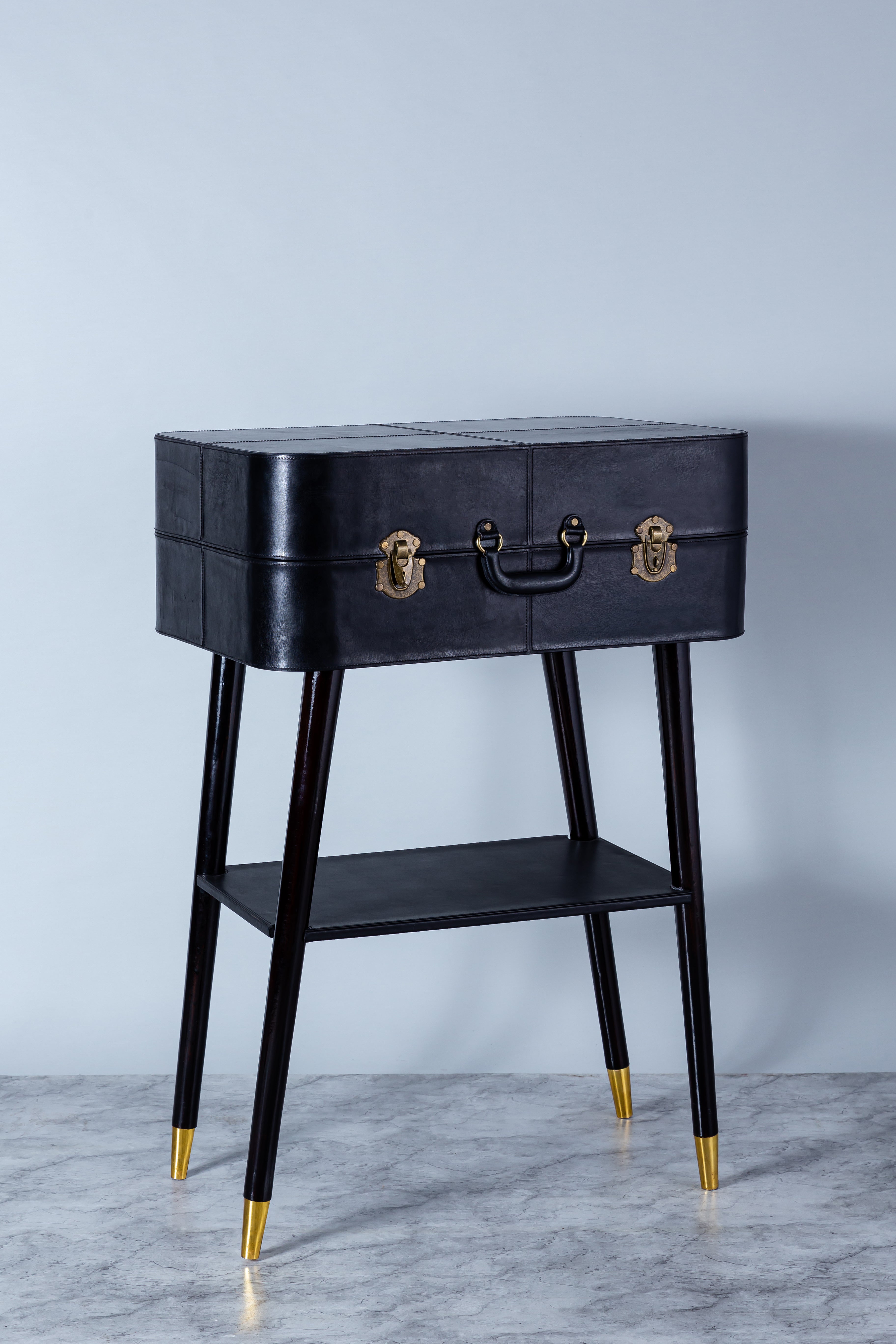 Ambry Console Table | Natural Black Leather With Brass Antq Feet | Wood & Leather