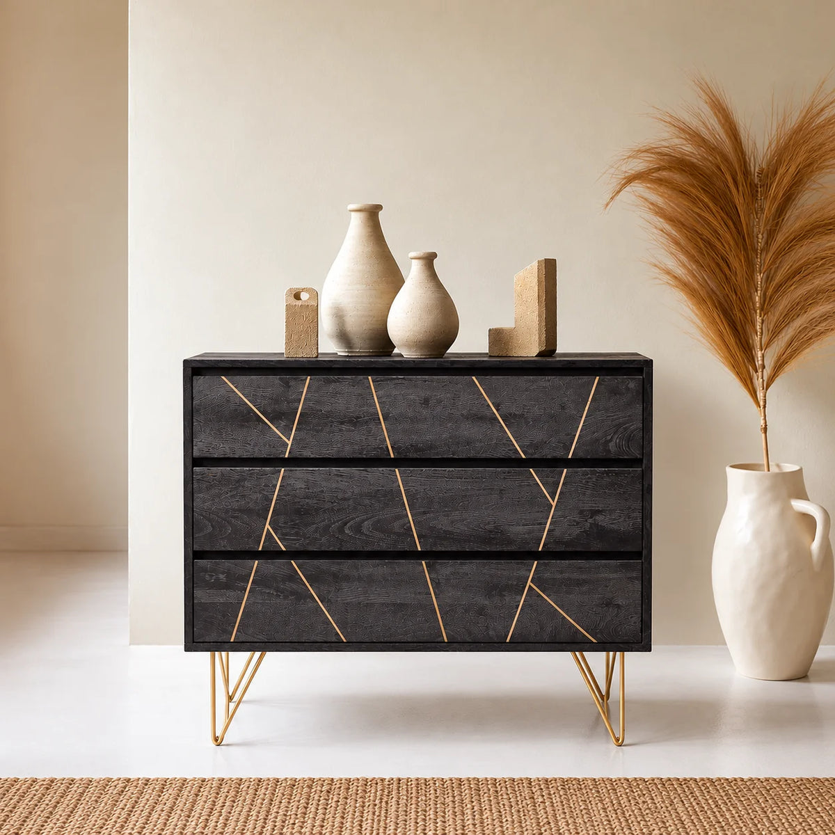Toriri Solid Mango Wood Chest Of Drawers In Rustic Black Finish