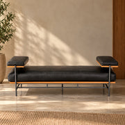 Tavrik Teak Wood, Faux Leather & Black Finish Metal Base Daybed/Chaise