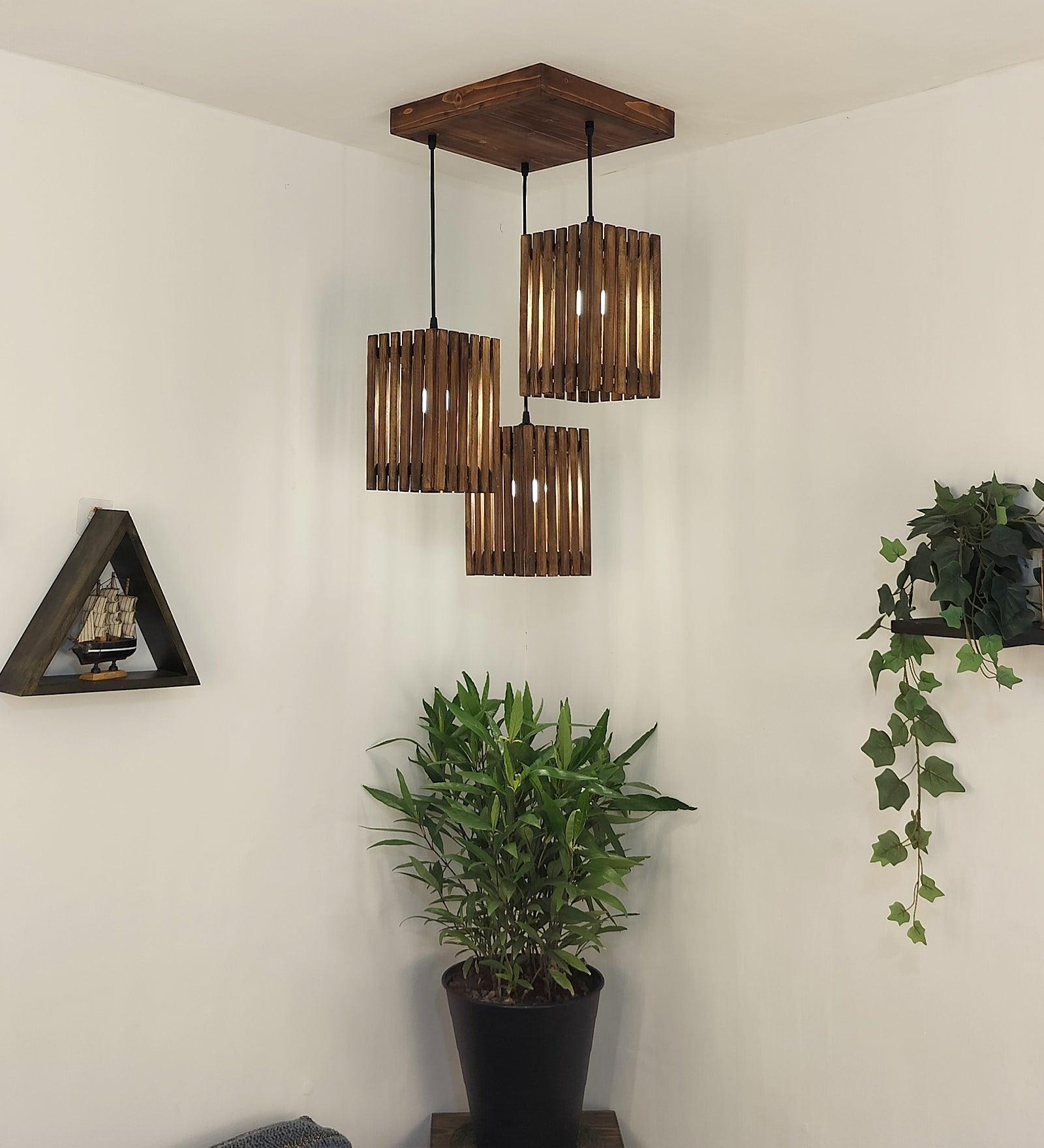 Elegant Brown Wooden Cluster Hanging Lamp