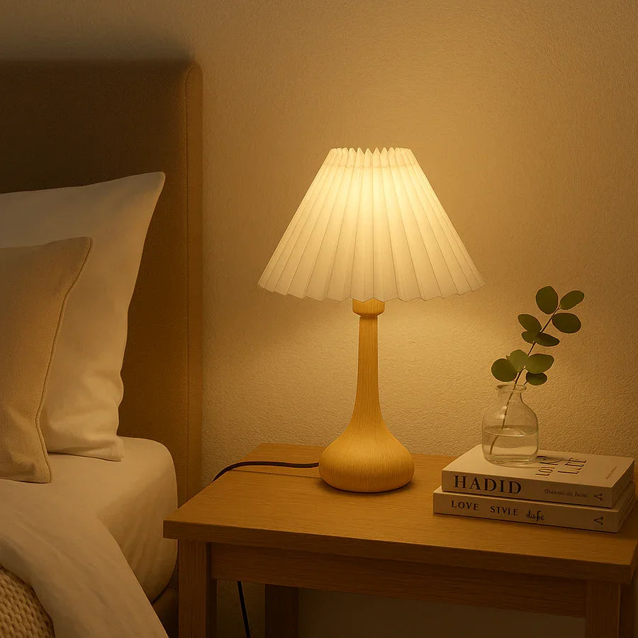 Wooden Table Lamp with Pleated Shade