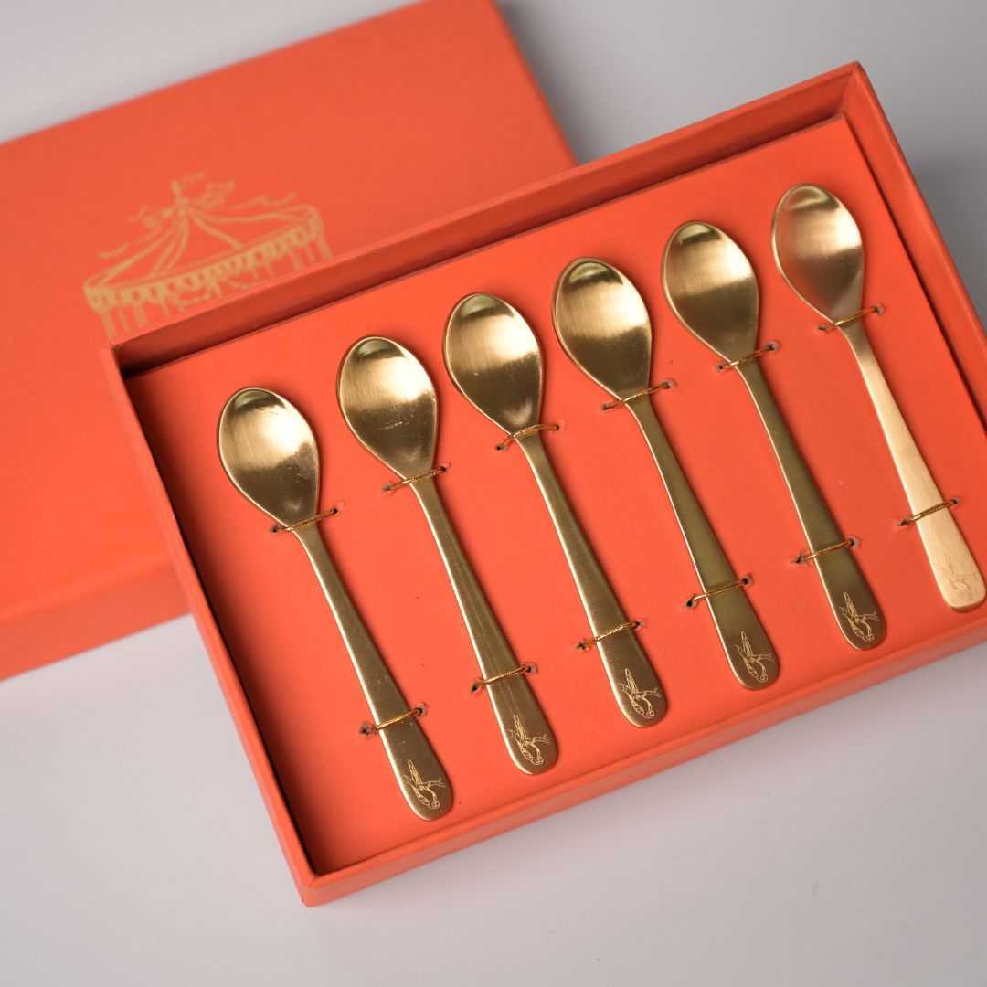Pure Brass Dessert Spoons – Handcrafted Set of 6 with Engraved Bird Motif | Luxury Cutlery for Desserts, Tea & Gifting
