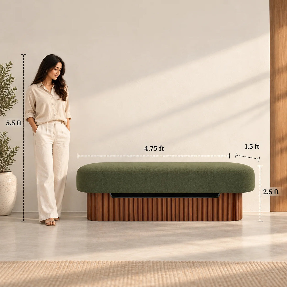 Green upholstered bench with wooden base on a white background