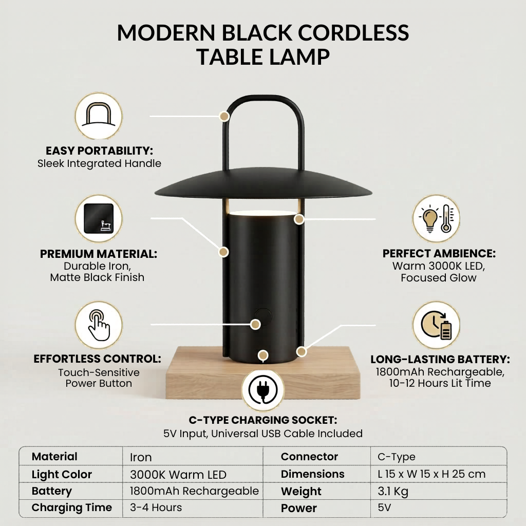 Modern Black Cordless Table Lamp | Designer Rechargeable LED Lamp for Contemporary Interiors