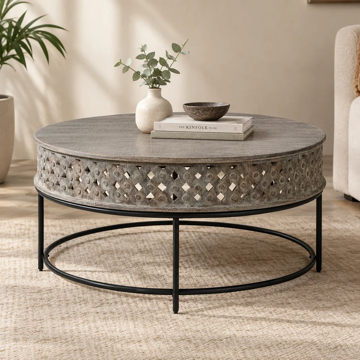 Carved Solid Wood Coffee Table With Iron Stand |  Mango Wood
