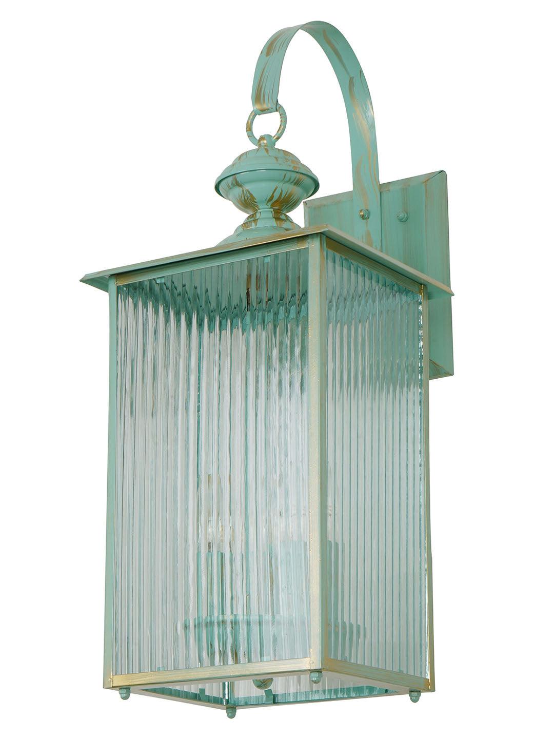 Coastal Green 22 Inch Dual-Light Steel Exterior Hanging Wall Lamp With Fluted Glass Panels