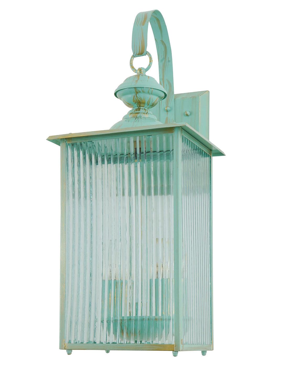 Coastal Green 22 Inch Dual-Light Steel Exterior Hanging Wall Lamp With Fluted Glass Panels